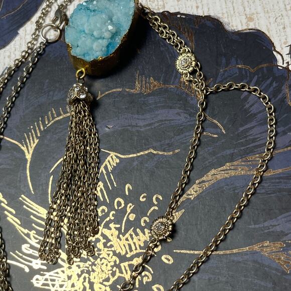 Estate Blue Dyed Quartz Pendant and Gold Tassel Chain Necklace D3 - Picture 4 of 9